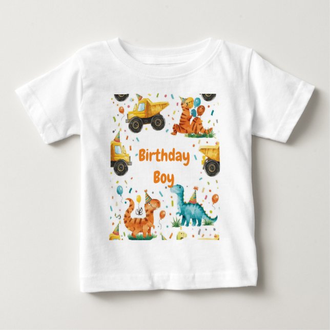 T-shirt Pour Bébé Garçon Anniversaire Dinosaure de Construction Pers (Devant)