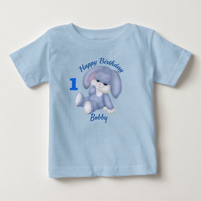 T-shirt Pour Bébé Garçon Blue Bunny 1er Anniversaire Personnaliser N (Devant)