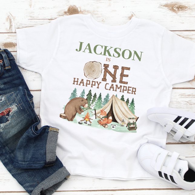 T-shirt Pour Bébé Garçon Brun Vert Un Happy Camper 1er Anniversaire (Sweet Happy Camper 1st Birthday T-shirt For Baby Boy, Brown Bear Tent Wood-like Words Pine Trees)