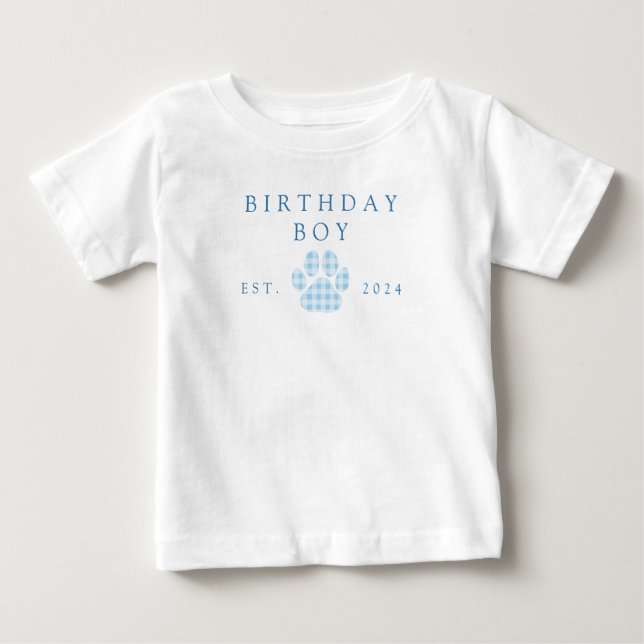 T-shirt Pour Bébé Garçon d'anniversaire bleu à carreaux avec emprein (Devant)