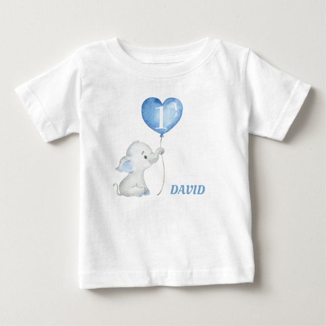 T-shirt Pour Bébé Garçon premier anniversaire Blue Balloon Elephant (Devant)