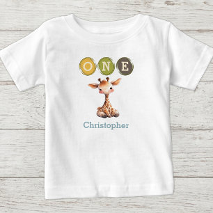 T-shirt Pour Bébé Girafe 1er Anniversaire un avec nom bleu