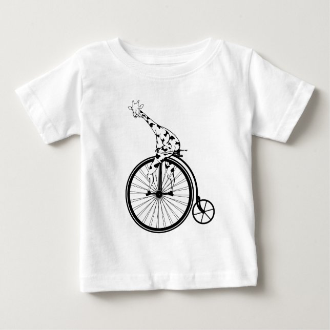 T-shirt Pour Bébé girafe noire et blanche à vélo (Devant)