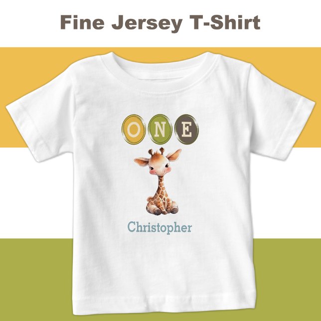T-shirt Pour Bébé Giraffe 1er anniversaire un avec le nom bleu (Créateur téléchargé)