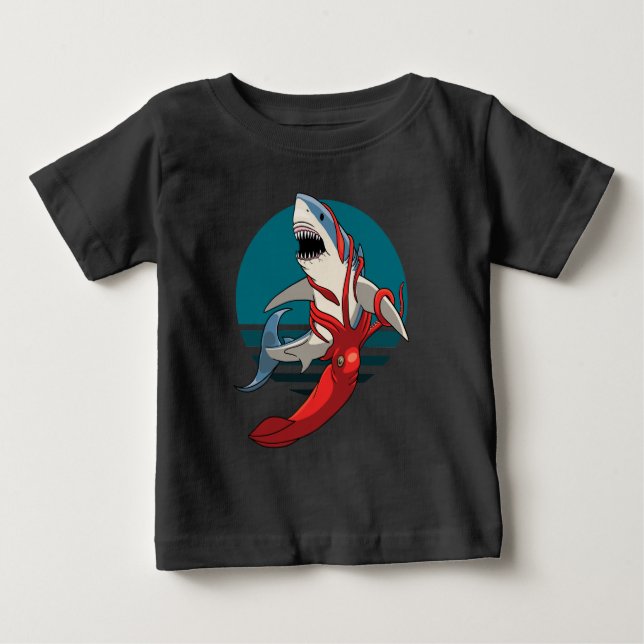 T-shirt Pour Bébé Grand requin blanc et calmar géant (Devant)