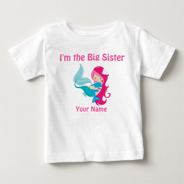 T-shirt Pour Bébé Grande Soeur Sirène Rose Chemise Personnalisée (Devant)