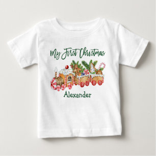 T-shirt Pour Bébé Green My First Christmas Gingbread Train