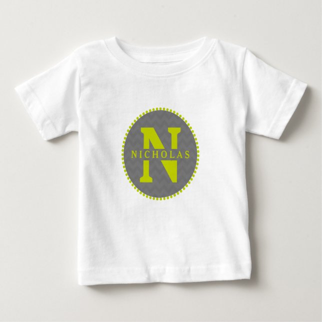 T-shirt Pour Bébé Grey Chevron + Green Monogram Romper (Devant)