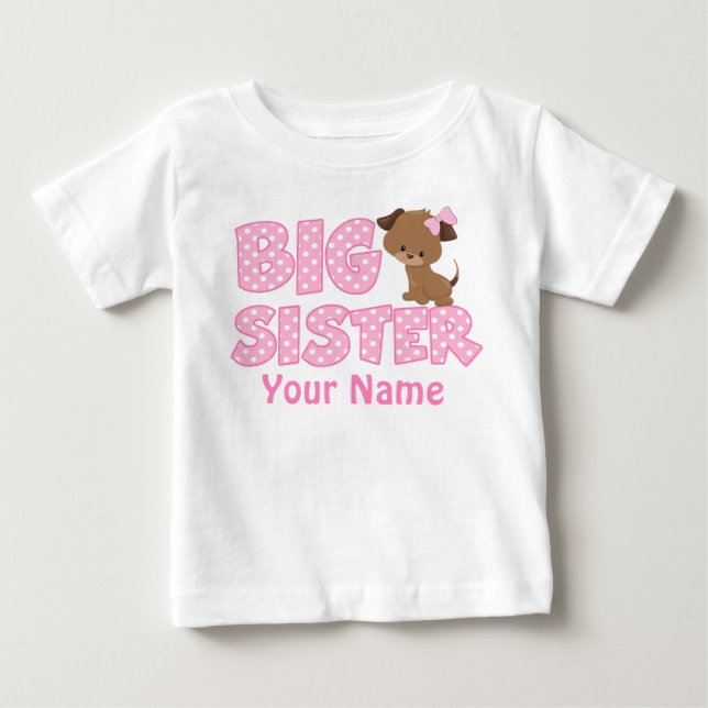 T-shirt Pour Bébé Grosse Soeur rose Chiot Personnalisé T Chemise (Devant)
