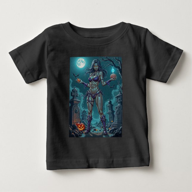T-shirt Pour Bébé Halloween Friandise ou Petite Amie Zombie avec des (Devant)