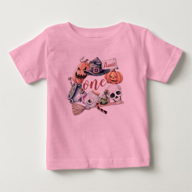T-shirt Pour Bébé Halloween personnalisé de premier anniversaire | B (Devant)