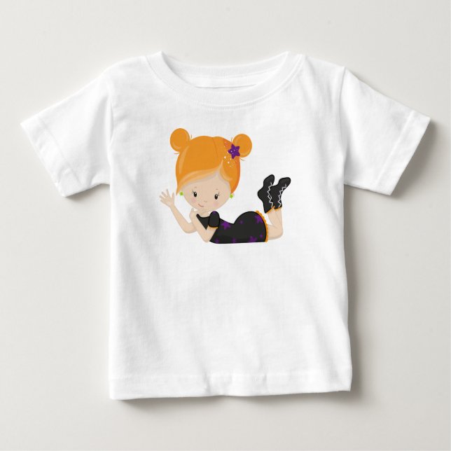T-shirt Pour Bébé Halloween, Sorcière, Cheveux Orangés, Belle Chauss (Devant)