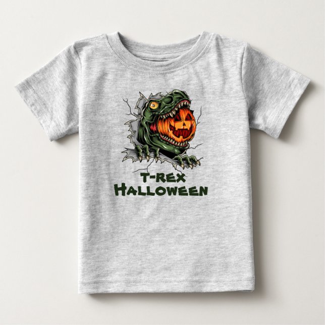 T-shirt Pour Bébé Halloween T-rex tête mange Halloween citrouille (Devant)