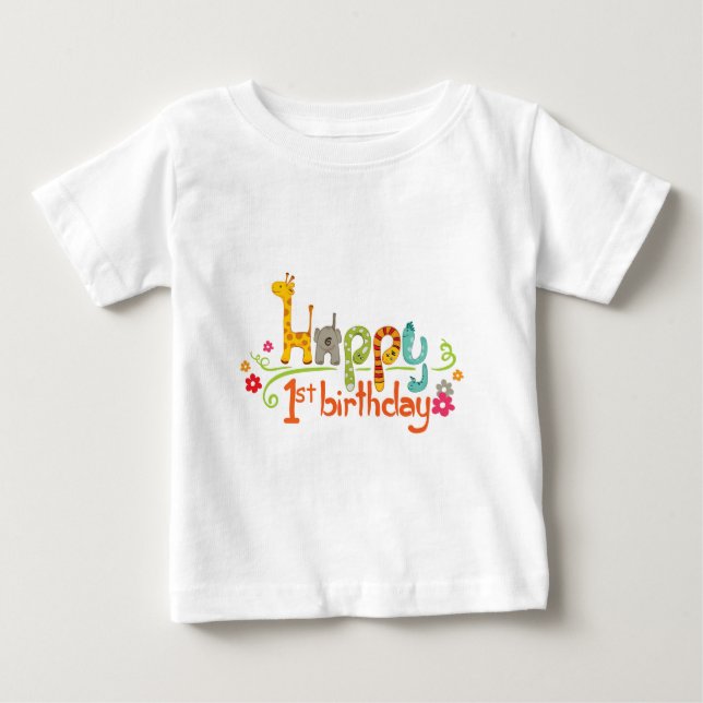 T-shirt Pour Bébé Happy 1st Birthday – Cute Animal Theme Celebration (Devant)