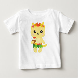 T-shirt Pour Bébé Hawaii Chat, Cute Chat, Chat Jaune, Fleurs, Luau