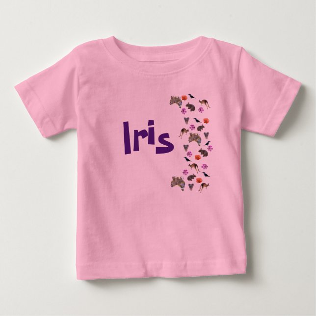 T-shirt Pour Bébé Iris, Filles Nom Avec La Faune Australienne, (Devant)