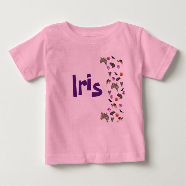 T-shirt Pour Bébé Iris, prénom avec la faune australienne,  (Devant)