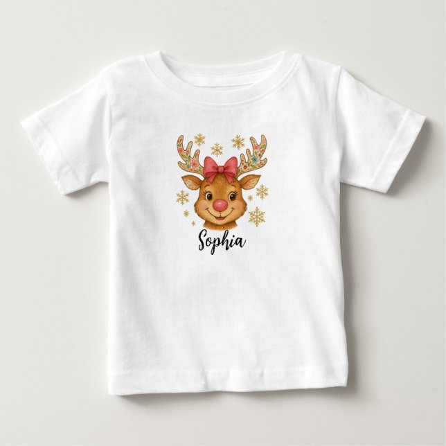 T-shirt Pour Bébé Joli Reindeer de Noël Floral Coquette (Devant)