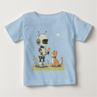 T-shirt Pour Bébé Joli Robot Offrant une Fleur à un Chat, une Illust