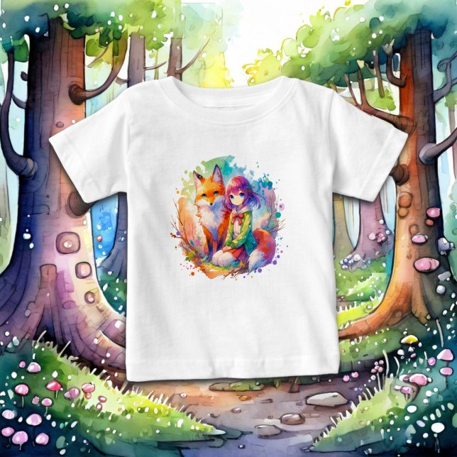 T-shirt Pour Bébé Jolie aquarelle Anime Girl et Fox (Créateur téléchargé)