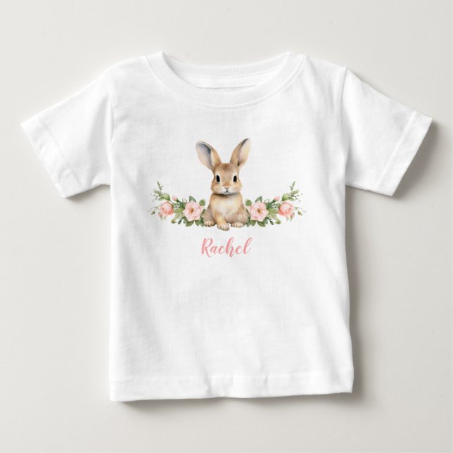 T-shirt Pour Bébé Jolie fille lapin rose florale 1er anniversaire (Devant)