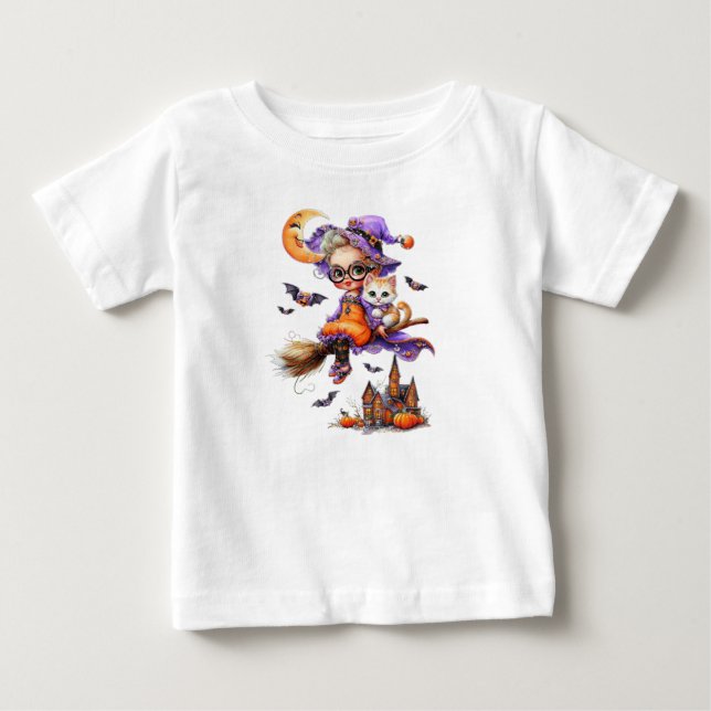 T-shirt Pour Bébé Jolie sorcière et chaton dans une chambre (Devant)