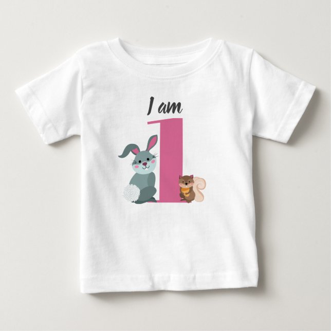 T-shirt Pour Bébé Joyeux 1er anniversaire écureuil lapin rose (Devant)