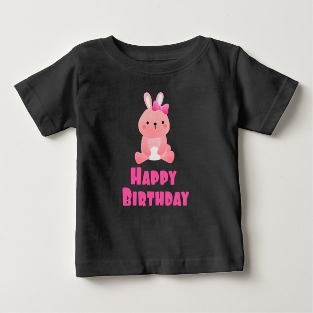 T-shirt Pour Bébé Joyeux anniversaire de lapin rose (Devant)