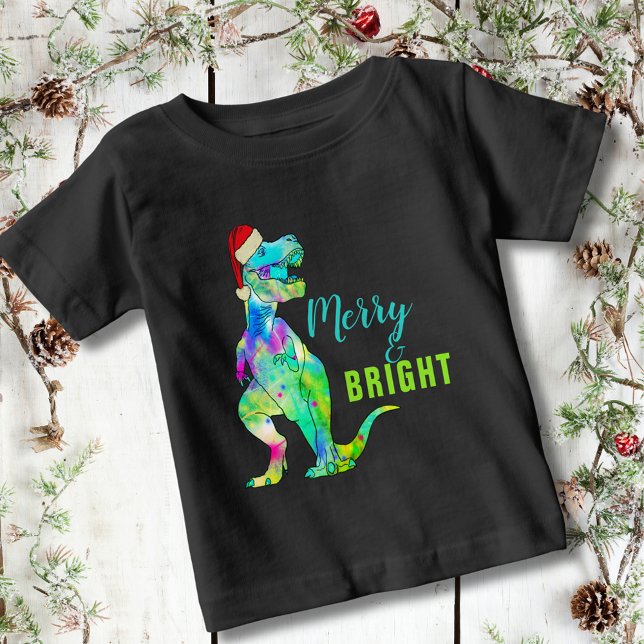 T-shirt Pour Bébé Joyeux dinosaure de Noël (Merry and bright funny Christmas dinosaur colorful T-Rex wearing a santa hat kids T-Shirt)