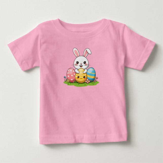 T-shirt Pour Bébé Joyeux lapin de Pâques avec des oeufs (Devant)