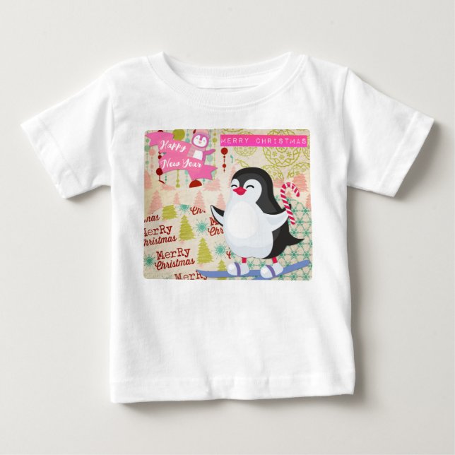 T-shirt Pour Bébé Joyeux Noël Bonne Année Pingouin Mignon (Devant)