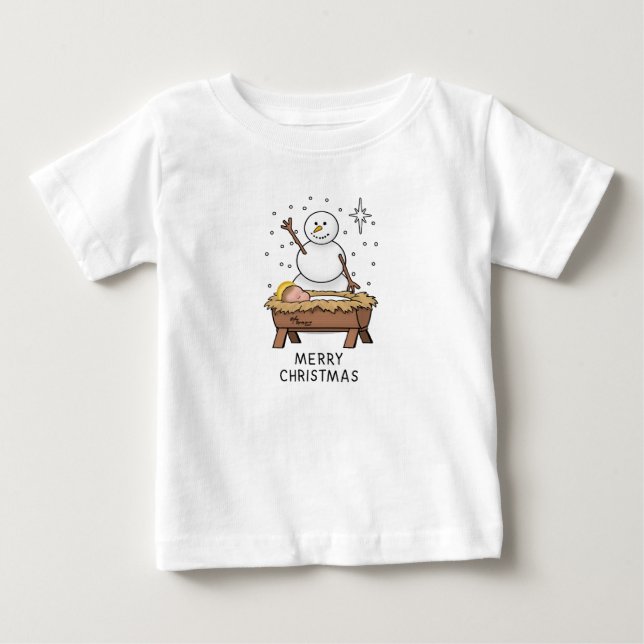T-shirt Pour Bébé Joyeux Noël Nativité bébé Jésus Snowman (Devant)