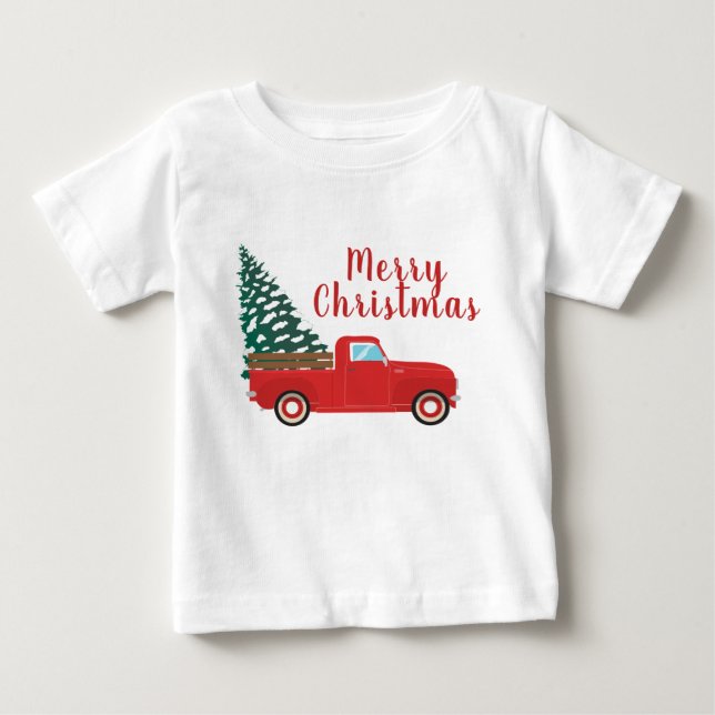 T-shirt Pour Bébé Joyeux Noël Petit Camion de ramassage rouge (Devant)