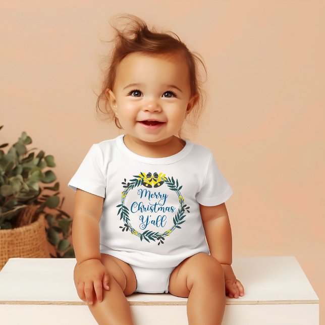 T-shirt Pour Bébé Joyeux Noël Y'all Courbe verte et jaune (Créateur téléchargé)