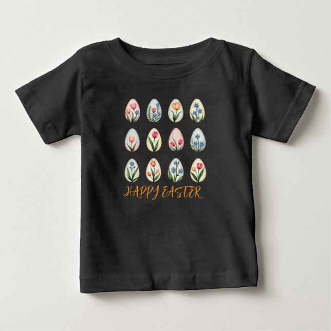 T-shirt Pour Bébé Joyeux OEufs floraux d'aquarelle de Pâques (Devant)