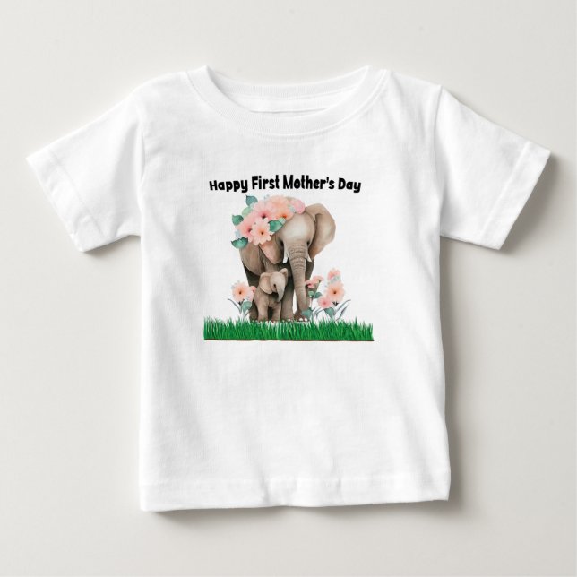 T-shirt Pour Bébé joyeux premier jour de mère mignon éléphant (Devant)