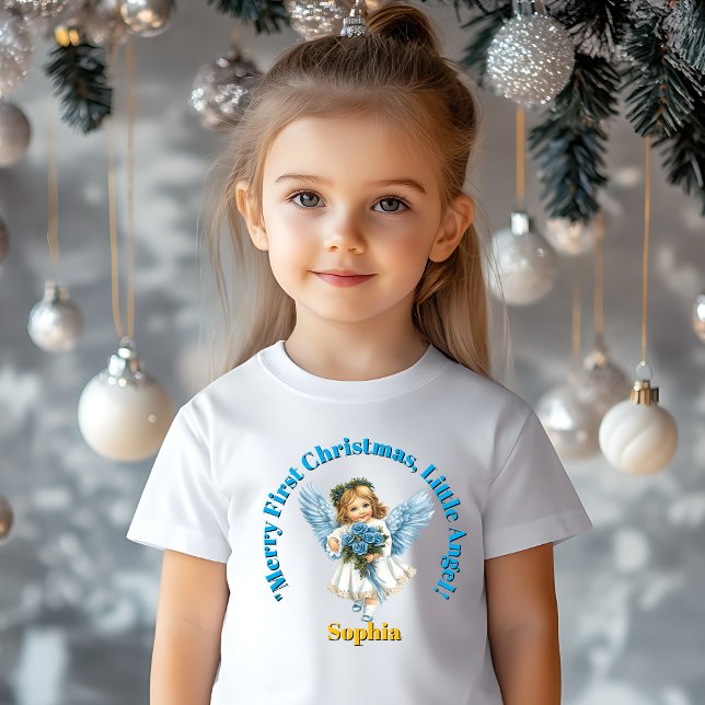 T-shirt Pour Bébé Joyeux Premier Noël Petit ange Nom Cadeau (Créateur téléchargé)