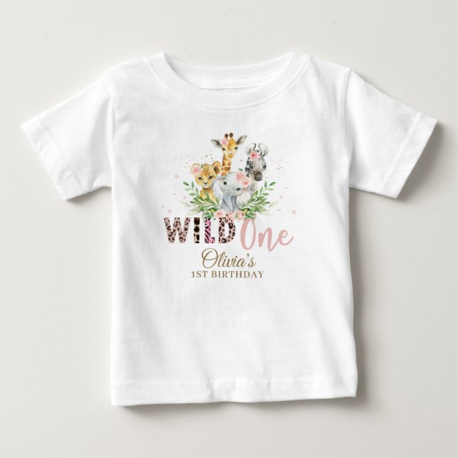 T-shirt Pour Bébé Jungle Animal Wild ONE Girl 1er Anniversaire tenue (Devant)