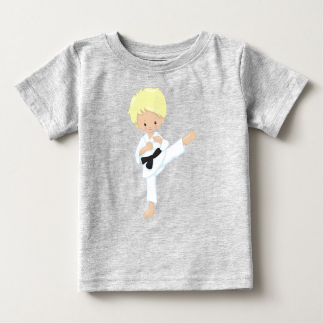 T-shirt Pour Bébé Karate Boy, joli garçon, cheveux blonds, ceinture  (Devant)