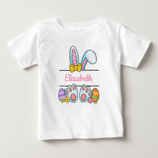 T-shirt Pour Bébé Lapin de Pâques rose monogrammé pour bébé fille  (Devant)