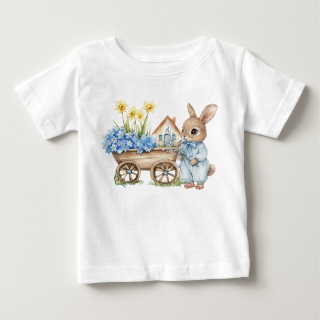 T-shirt Pour Bébé Lapin personnalisé avec des fleurs bleues (Devant)