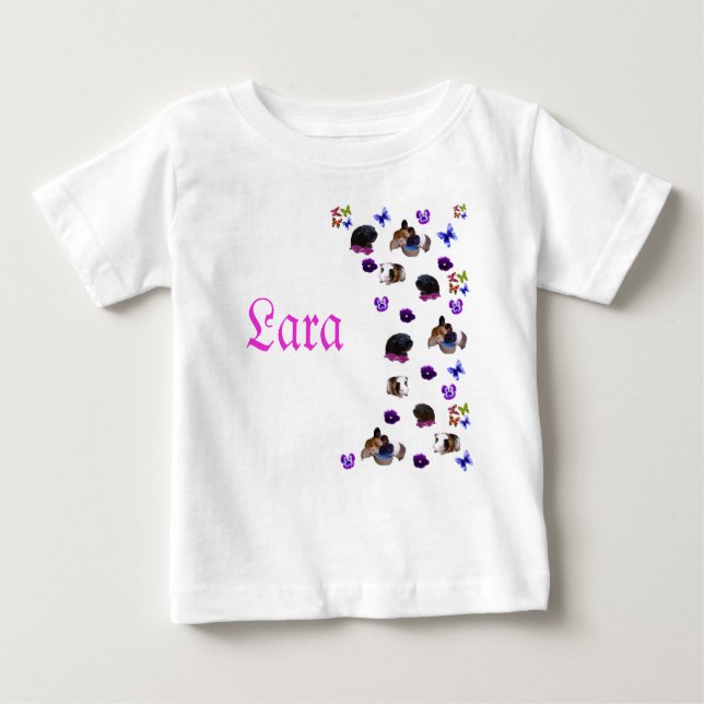 T-shirt Pour Bébé "Lara", Nom avec cochons d'Inde et pensées, (Devant)