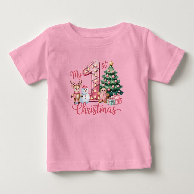 T-shirt Pour Bébé Le premier Noël de bébé fille Rose (Devant)