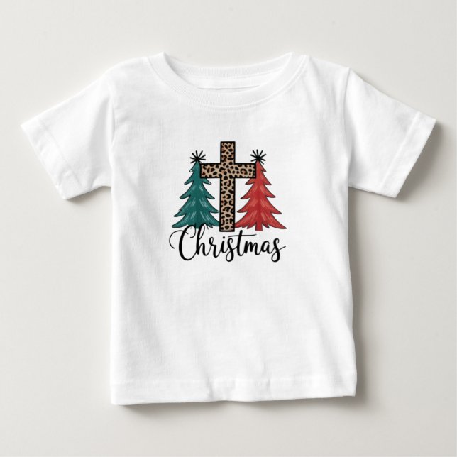 T-shirt Pour Bébé Leopard Cross Arbres de Noël Christian (Devant)
