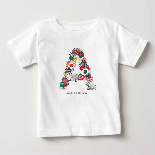 T-shirt Pour Bébé Lettre A | Monogramme de lettre florale fantaisist (Devant)