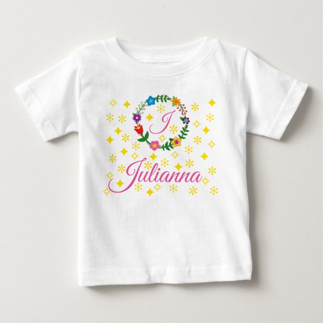 T-shirt Pour Bébé Lettre J, Julianna, Tee, Fleurs et Étoiles (Devant)