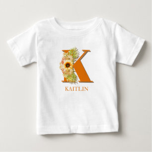 T-shirt Pour Bébé Lettre K Sunflower Monogramme floral avec nom