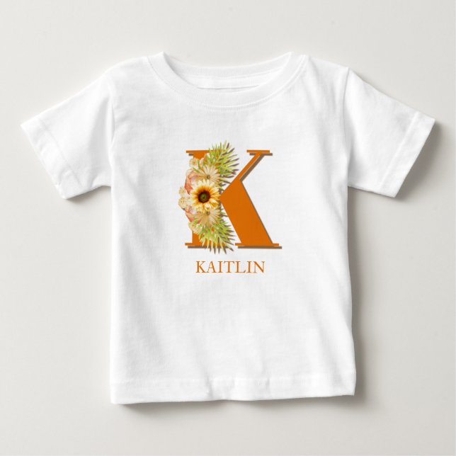 T-shirt Pour Bébé Lettre K Sunflower Monogramme floral avec nom (Devant)