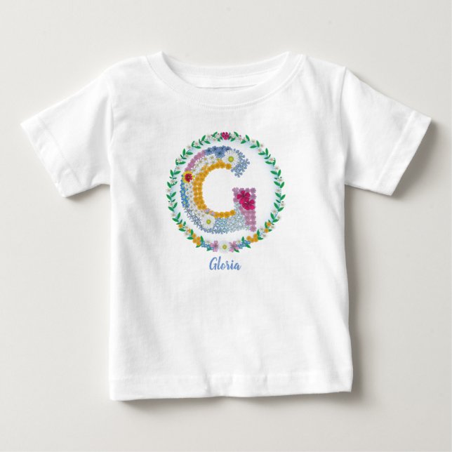 T-shirt Pour Bébé Lettres de fleurs Initiale "G" avec nom personnali (Devant)