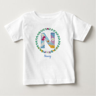 T-shirt Pour Bébé Lettres de fleurs Initiale "N" avec nom personnali